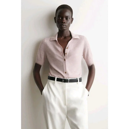 Spring New Women's Standard Fit Single Row Multi-Buckle Ribbed  Turn-down Collar Short Sleeve  Shirt Casual Business