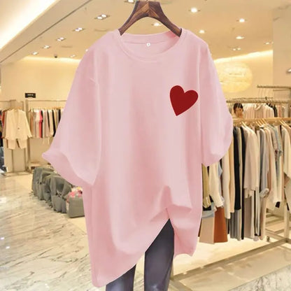 Women Fashion Pure Cotton Love Printing T-shirts Summer Casual Versatile O-neck Short Sleeve Top Tee Office Lady Basic Pullovers