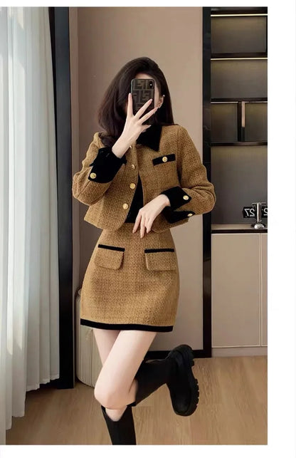 High-End  Style Women's Outerwear Set Autumn Winter New Design High Waist  Skirt Two-Piece Suit Fashionable And Warm