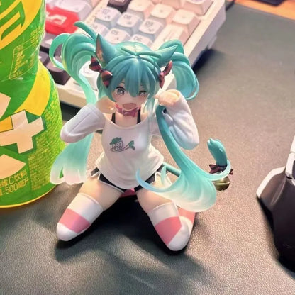 In stock Hatsune Miku Desktop Cute Action Figure 11cm Neko T-Shirt Ver. Anime Figurine Kawaii  Model Toy Gift