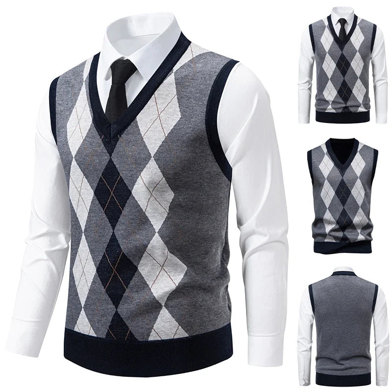 Men's Knitted Warm Sweater in Autumn and Winter V-neck Vest Diamond Grid Twisted Flower Casual Fashion Versatile Top
