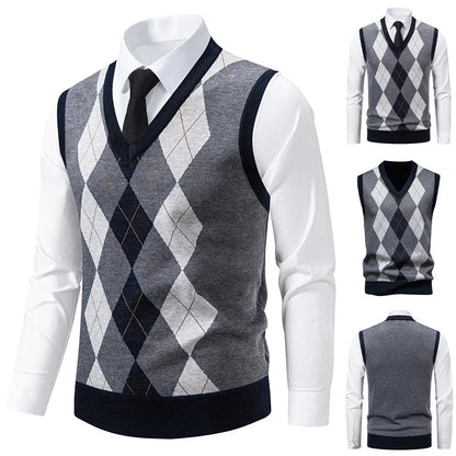 Men's Knitted Warm Sweater in Autumn and Winter V-neck Vest Diamond Grid Twisted Flower Casual Fashion Versatile Top