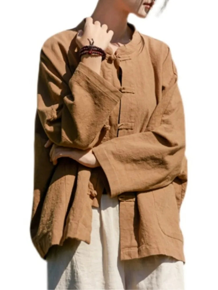 Retro Chinese Cotton Linen Shirt Jacket Women Spring Zen Collar Button Long Sleeve Slimming Linen Outerwear Top