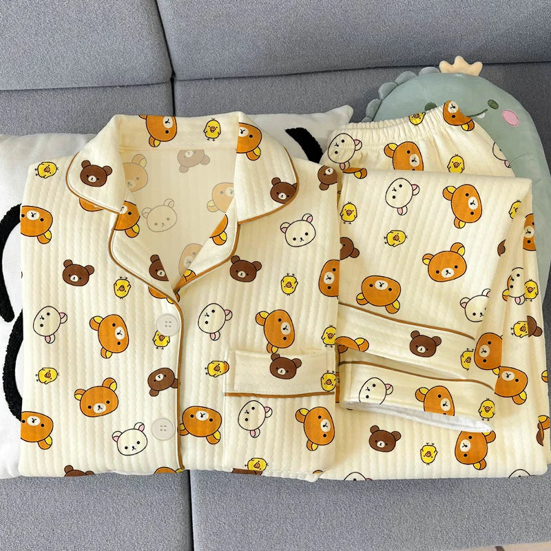 Thickened Air Cotton Sleepwear Set for Women Lazy Bear Cartoon Design Long Sleeve Long Pants Home Clothes Autumn Winter