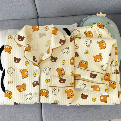 Thickened Air Cotton Sleepwear Set for Women Lazy Bear Cartoon Design Long Sleeve Long Pants Home Clothes Autumn Winter
