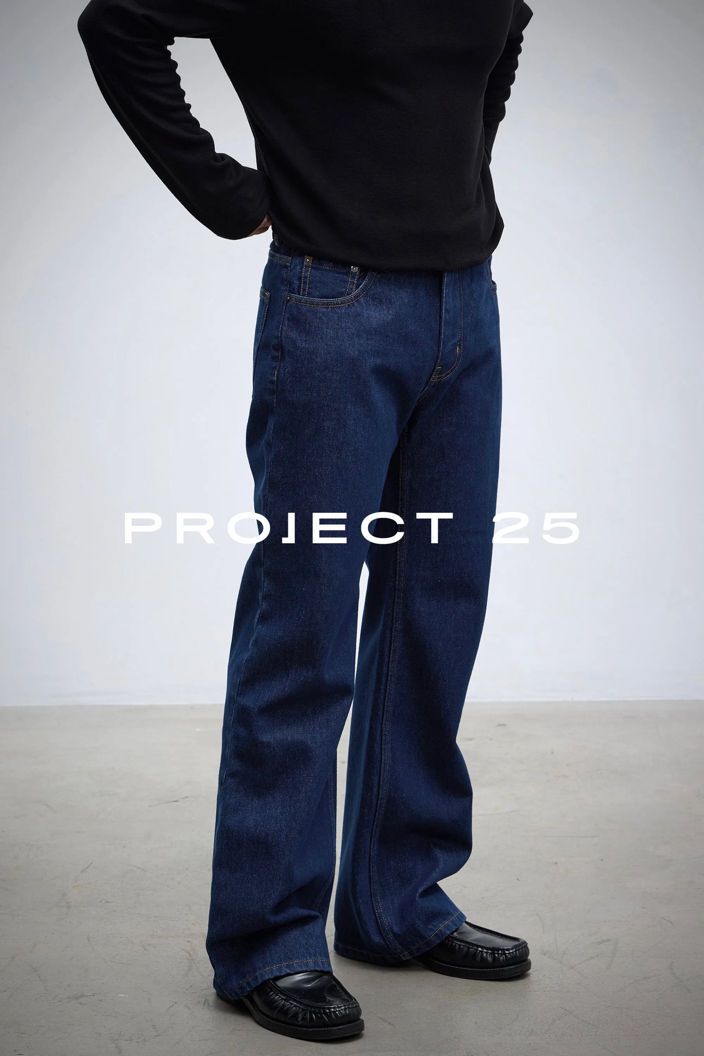 PROJECT 25 Men's Vintage Raw Denim Wide Leg Jeans - Relaxed Straight Fit with Micro Flare, Minimalist Casual Trousers