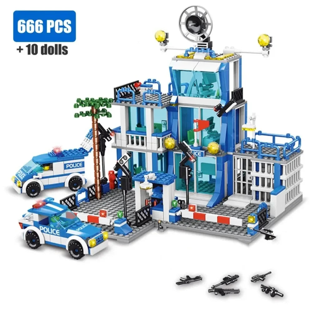 666PCS City Police Station Building Blocks Construction Model Toy with Car & Helicopter for Boys Christmas Gift Kid Educational