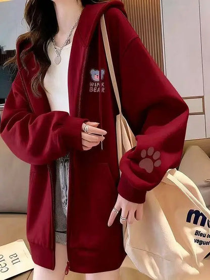 Korean Style Fleece Lined Oversized Hooded Cardigan Women's Autumn Winter Zipper Cartoon Print Top Coat Trendy Streetwear