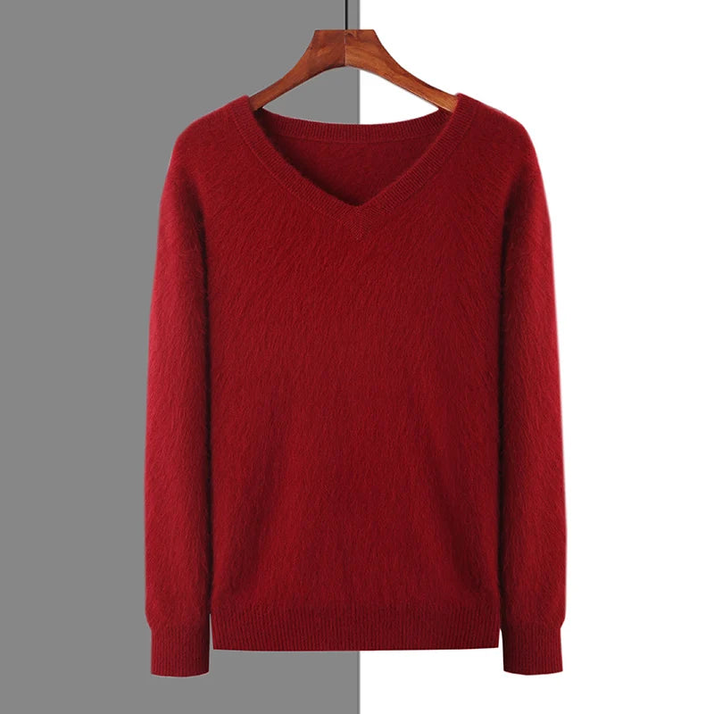 Men's 100% Pure Mink Cashmere Sweater V-neck Pullover Knit Bottoming Shirt Autumn And Winter New Long-Sleeve High-End Mink Tops