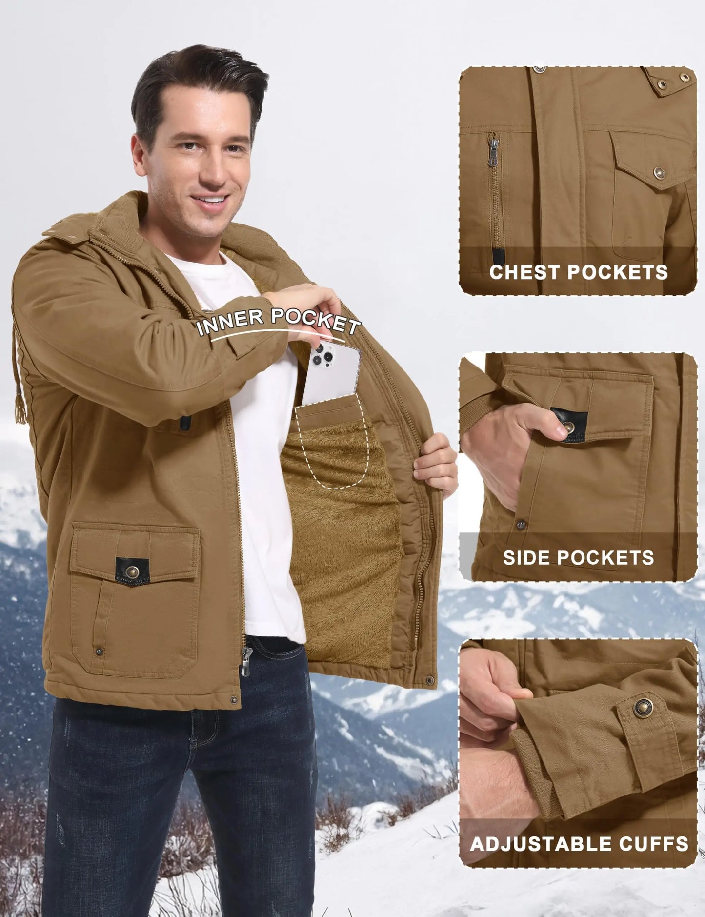 TACVASEN Mens Fleece Lined Winter Warm Jacket Detachable Hood With 6 Multi-Pocket Parka Coat Windproof Outdoor Hiking Daily Coat