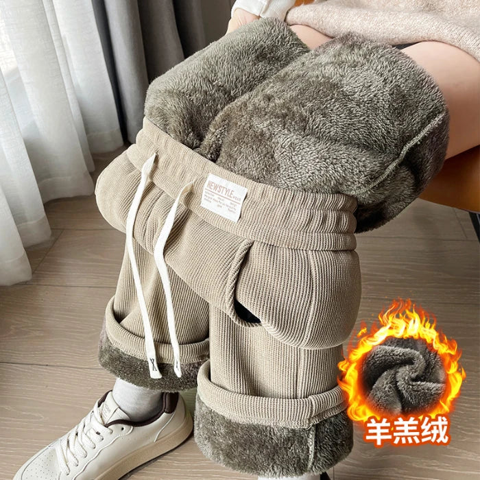 Lamb Velvet Wide Leg Pants Women's High Waist Thickened Fleece Corduroy Warm Cotton Pants Casual Straight Leg Trousers