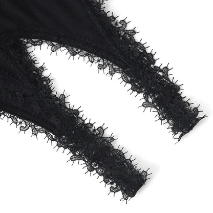 Women Black Lace Trim Bodysuit Elegant V-Neck Sleeveless Tank Top Slim Fit Sexy Bodycon Jumpsuit Basic Summer Bodysuits