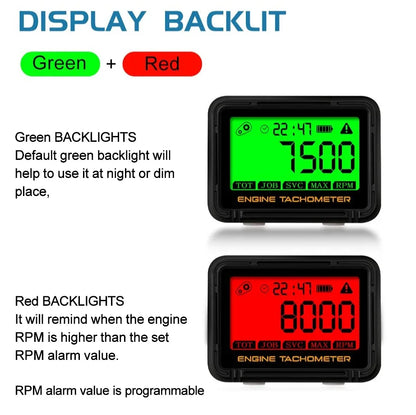 Moto Inductive Digital Tachometer SVC TOT JOB Engine Hour Meter Gauge Backlight Resettable RPM for Motorcycle Lawn Mower