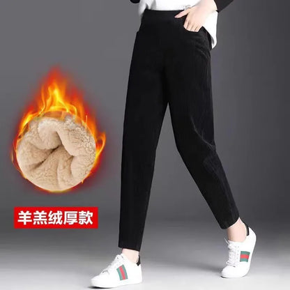 Autumn Winter Thiened Women's Casual Pants Lamb Velvet Harem Pants High Waist Straight Legged Fce Lined Mom Jeans Corduroy