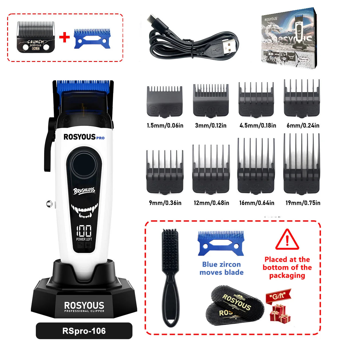 ROSYOUS RSpro-202 Hair Trimmer for Men DLC T-Blade 8000RPM Brushless Motor with Base Charger Professional Hair Cutting Machine
