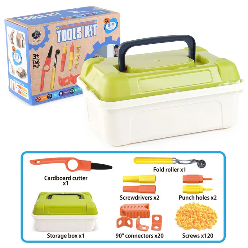 Cardboard Tools For Kids With Cutter& Tool Box- 148 PCS Construction Kit For Family& Team Activities Handmade Toys