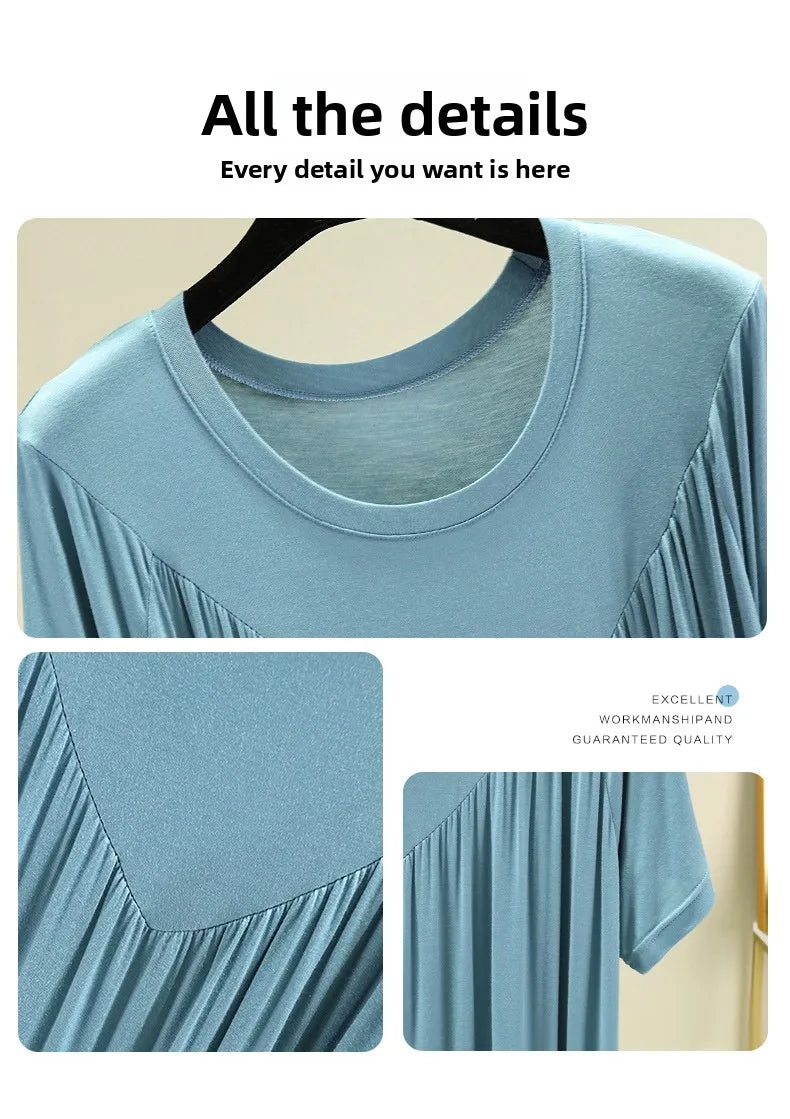 Loose plus Size Sp Dr Modal Women's Summer Thin Home Gown Skirt Sle round Ne ort Sve Long Dr Korean Sle