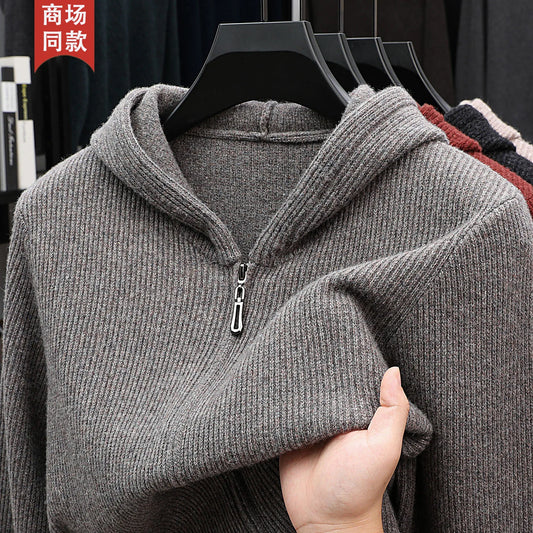 100% cashmere sweater men's hooded casual loose zipper sweater knitted cardigan exterior