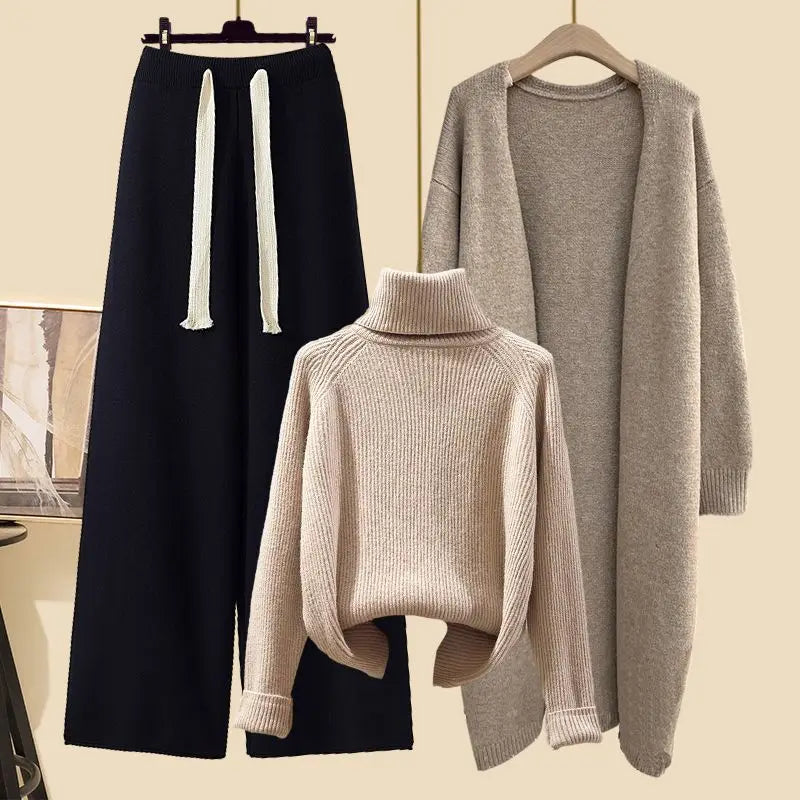 Fashionable Knitted Three-Piece Set Women's Autumn New Lazy Style Open Cardigan Outerwear Slimming Wide Leg Pants