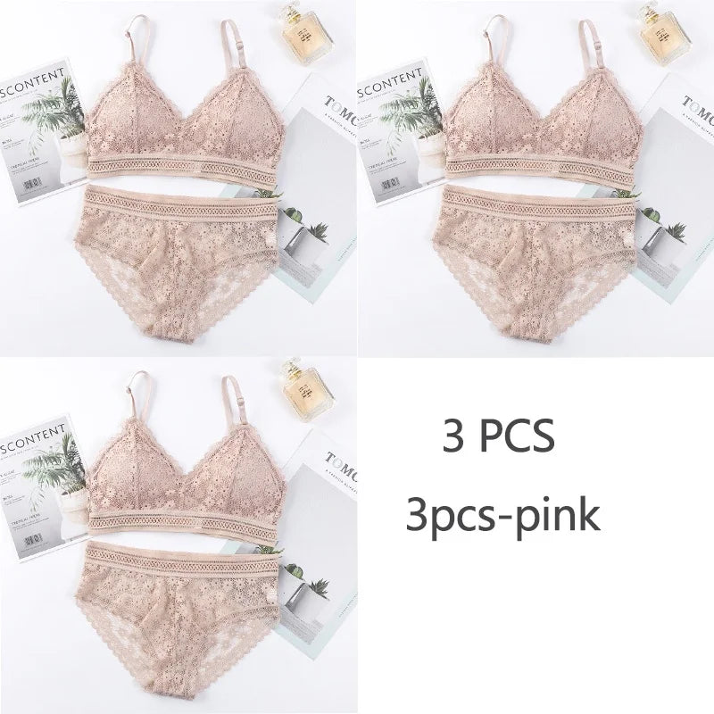 3 Piece Set Bra Sexy Lace Beauty Back Suit Underwear Gather Seamless Women's Underwear Panties Comfortable Lingerie