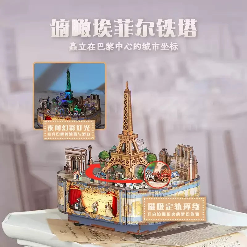 New Tonecheer New York London Paris Music Box Wooden Puzzle Blocks Diorama Model Kit 3D Wooden Doll Decoration Toy Birthday Gift