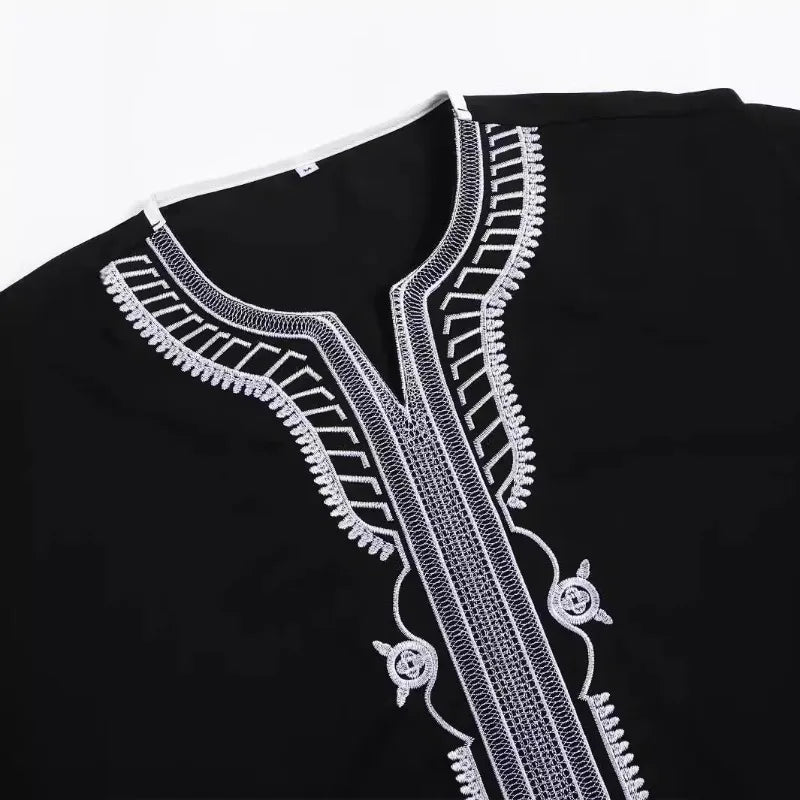 Ethnic Clothing Outfit Mens Plain Black Muslim Embroidered Robe Long Shirt Casual Youth Traditional Daily Fashion