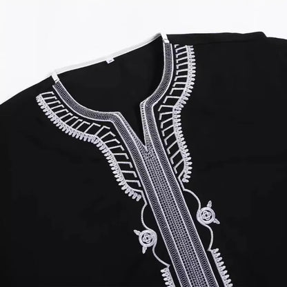 Ethnic Clothing Outfit Mens Plain Black Muslim Embroidered Robe Long Shirt Casual Youth Traditional Daily Fashion