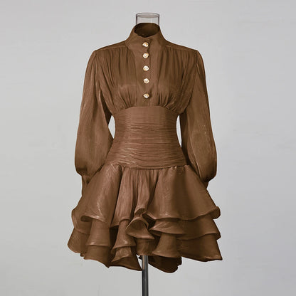 TWOTWINSTYLE Solid Spliced Ruffles Dress Female Stand Collar Long Sleeve Loose French Elegant Women's Dresses Autumn Fashion New