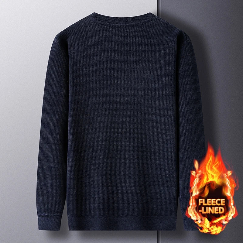 Fleece-Lined Knitted Pullover Sweater Casual Jumper for Men Insulated Warm Long Sleeve Thick Material Round Neck Design