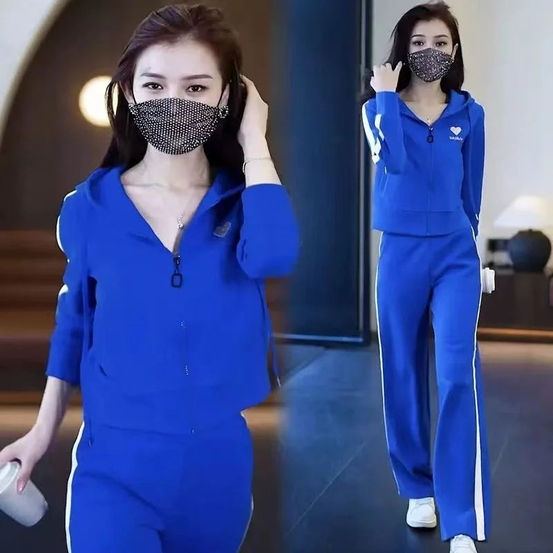Fashionable Casual Sportswear Set 2026 New Style Slimming Wide Leg Pants Autumn Trendy Two Piece Suit Polyester Fabric