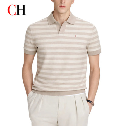 CH Men Two Tone Striped Short Sleeve Polo Shirt Distinct Tiny Brand Embroidery Left Chest Minimalist Golf Vacation Commute Wear