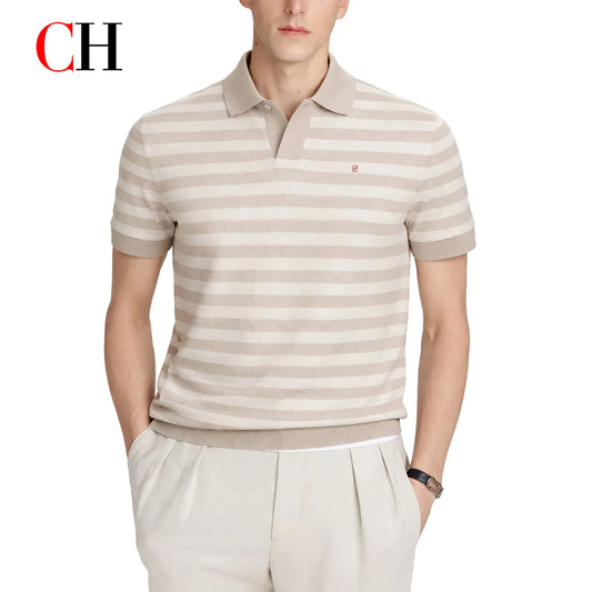 CH Men Two Tone Striped Short Sleeve Polo Shirt Distinct Tiny Brand Embroidery Left Chest Minimalist Golf Vacation Commute Wear