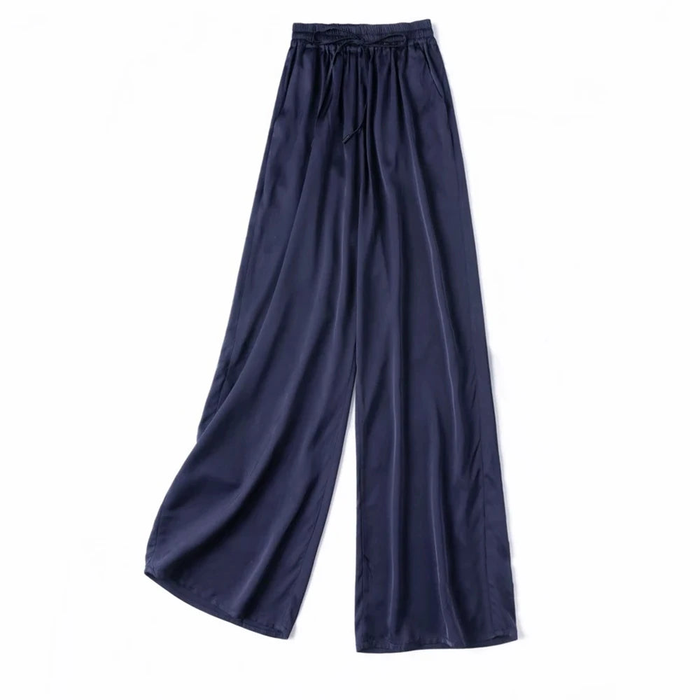 Vertical Naked Feeling 93% Natural Mulberry Silk Elastic Double Qiao Satin Elastic Waist Women's Fashionable Wide Leg Pants
