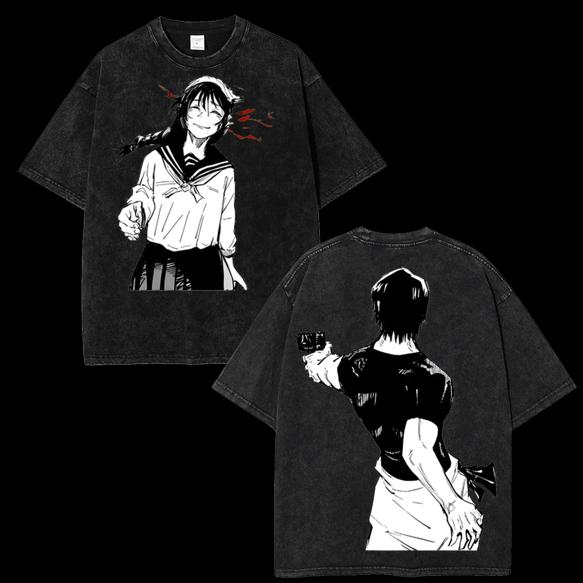 Jujutsu Kaisen Toji Fushiguro & Riko Amanai "Star Plasma Vessel" T-shirt, Vintage Washed Black Anime Print Oversized Streetwear