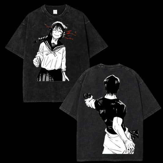 Jujutsu Kaisen Toji Fushiguro & Riko Amanai "Star Plasma Vessel" T-shirt, Vintage Washed Black Anime Print Oversized Streetwear