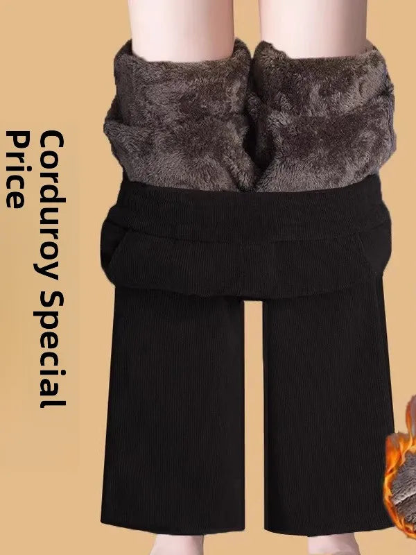 Thickened Fleece Lined Corduroy Straight Leg Casual Pants Women's High Waist Elastic Waist Warm Trousers Autumn Winter New Style