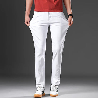 White Cotton Jeans Men's Elastic Soft Comfortable Business Casual Trousers Fashion Korean Fit Straight Spring Autumn Denim Pants