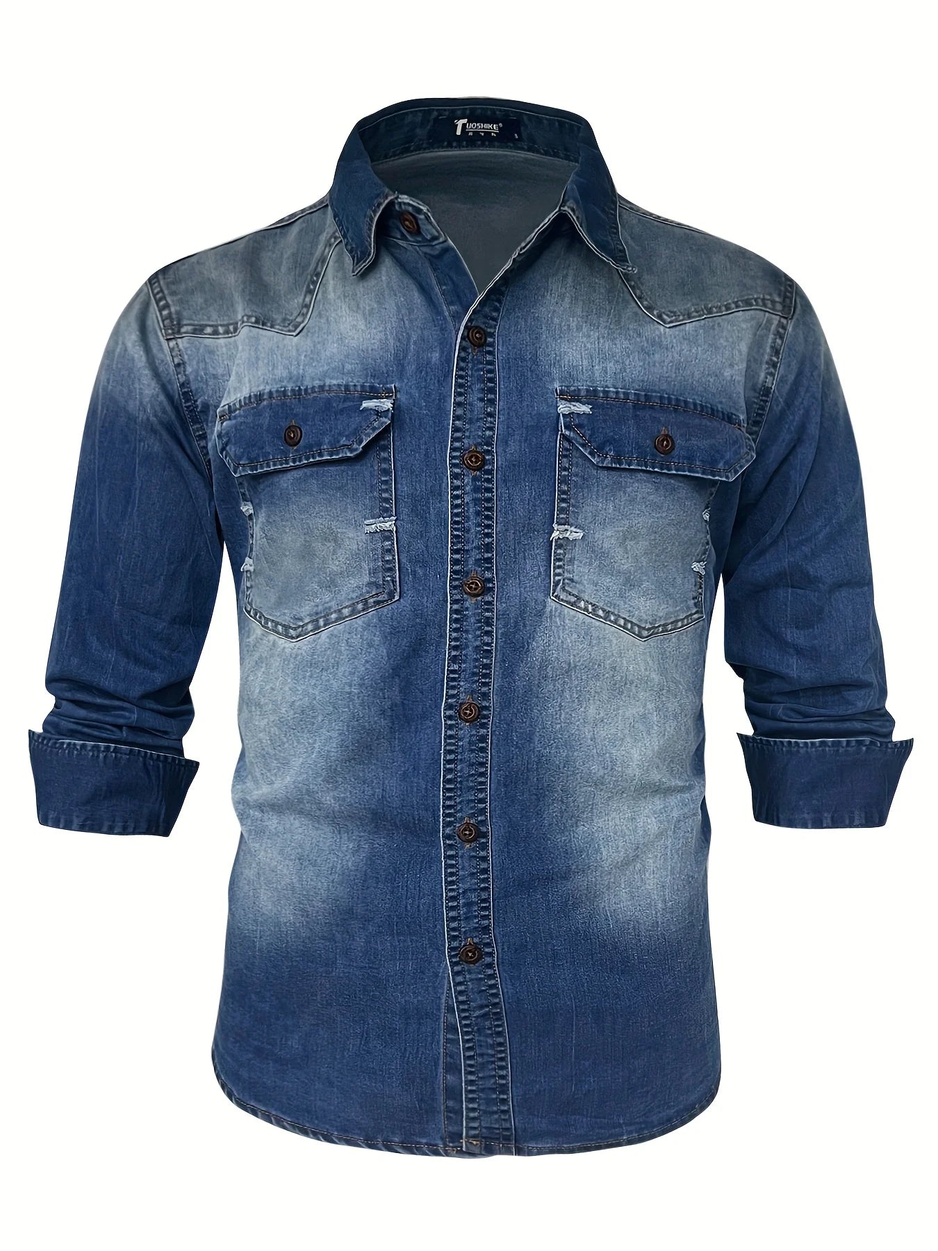 Men's Denim Shirt Long Sleeve Fashion New Style Shirt Casual Jacket High-end Feeling Double Pocket Washed Denim Shirt Turn-down