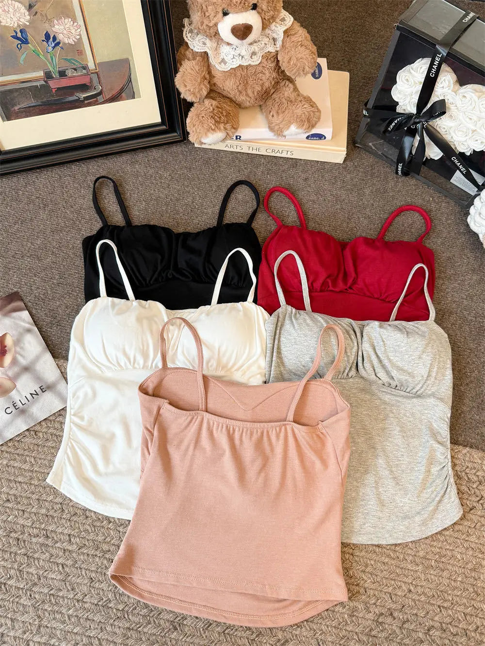 Slim Fit  Strap Vest Women Summer Inner Wear Beautiful Back  with Chest Pad Outerwear Cotton Polyester Elastic F...
