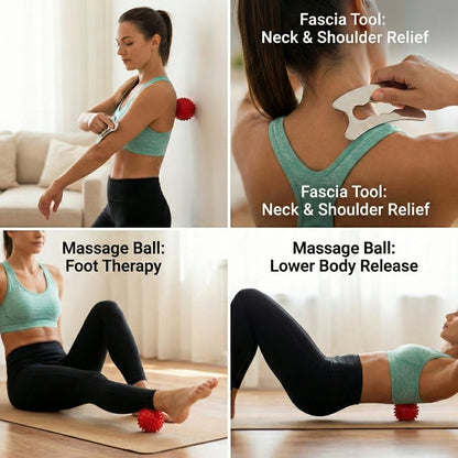 Professional 2-in-1 Fascia Set Stainless Steel Gua Sha Tool & Spiky Massage Ball for Deep Tissue Myofascial Release Recovery