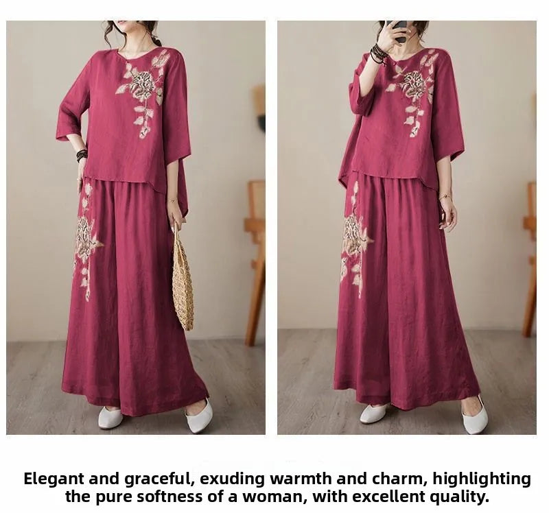 plus Size Women's Retro Cotton Linen Set Wide Leg Pants Slimming Mom Two Piece Suit Spring Fashion Korean Style Commute Wear