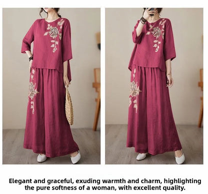 plus Size Women's Retro Cotton Linen Set Wide Leg Pants Slimming Mom Two Piece Suit Spring Fashion Korean Style Commute Wear