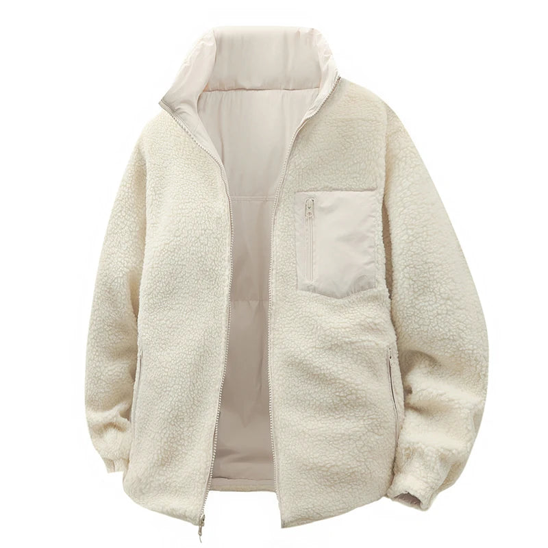 Outdoor Double-sided Lambskin Cotton-padded Jacket for Men, Winter Cotton-padded Jacket with Thickened Down and Lambskin Down