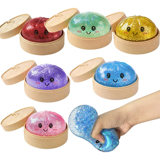 Mini Dumpling Squeeze Toy with Bamboo Steamer, Soft TPR Dough Ball, Realistic Decompression Fidget Toy, Stress Relief Gift