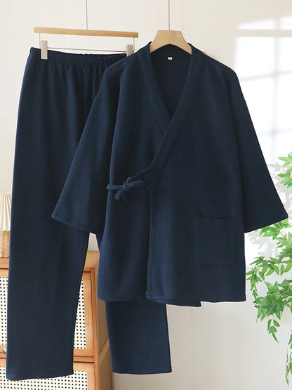 Thickened Cotton Kimono Style Men's Sleepwear Air Layer Home Clothes Autumn Winter Home Stay Air Conditioned Room Unisex