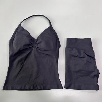 2 Pieces Sports Set Women Backless Tank Yoga Tops High Waist Scrunch Seamless Shorts Sport Gym Set Sportswear Workout Set