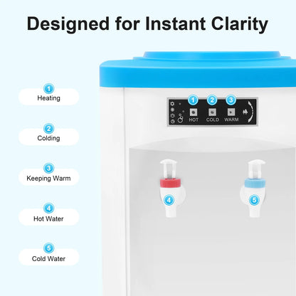 White Blue Top Loading 3 Temperatures Water Dispenser Hot Cold Normal Water Cooler 550W 110V US Plug PP Stainless Steel Desktop Freestanding Drinking Machine 5L/H Hot 0.7L/H Cold Fit 4.5-18.9L 1.1-4.9Gallon Water Bottle
