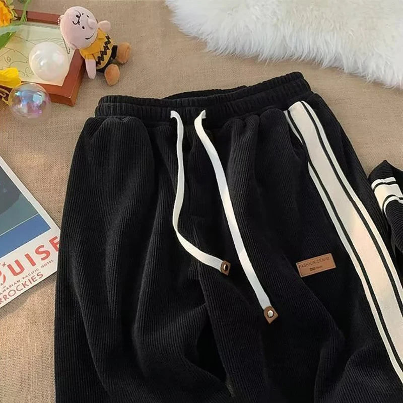 Corduroy Men Casual Sweatpants Straight Thick Wide Leg Pants Autumn Winter Streetwear Outdoor Sports Work Joggers Trousers Male