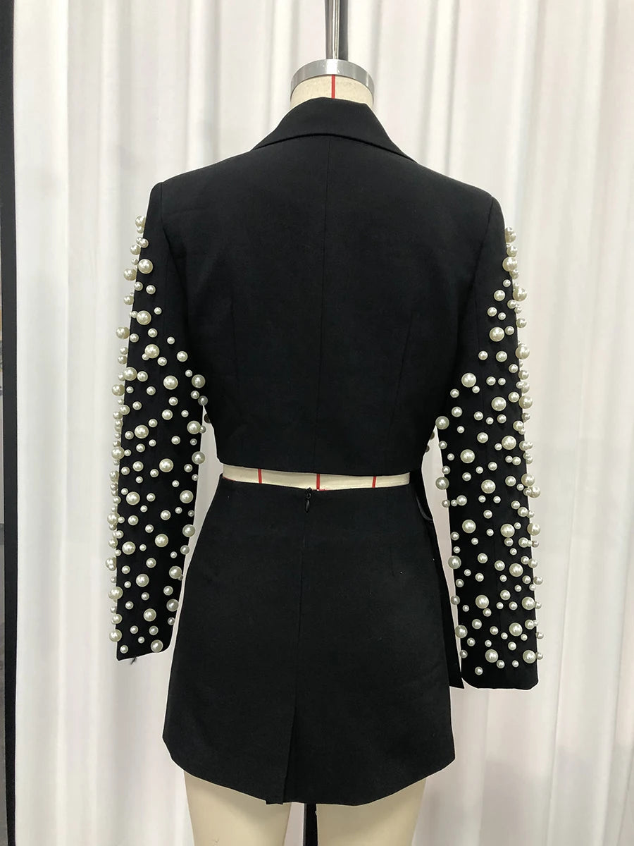 TWOTWINSTYLE Spliced Pearls Two Piece Set for Women Lapel Long Sleeve Irregular Top High Waist Mini Skirt Office Suit Female New