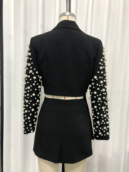 TWOTWINSTYLE Spliced Pearls Two Piece Set for Women Lapel Long Sleeve Irregular Top High Waist Mini Skirt Office Suit Female New